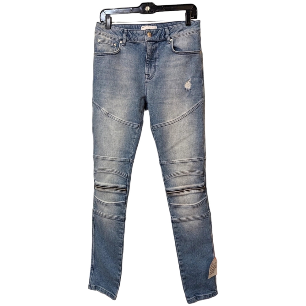ASOS DESIGN skinny jeans in mid wash with‎ knee zip moto detail Sz 30 x 32